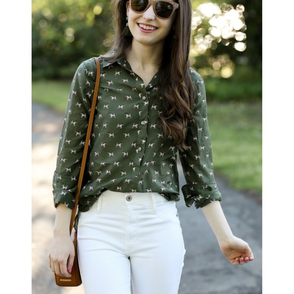 J.Crew Terrier Dog print Green Silk Cotton Blend Maximalist Preppy Shirt sz 2 - Picture 1 of 8